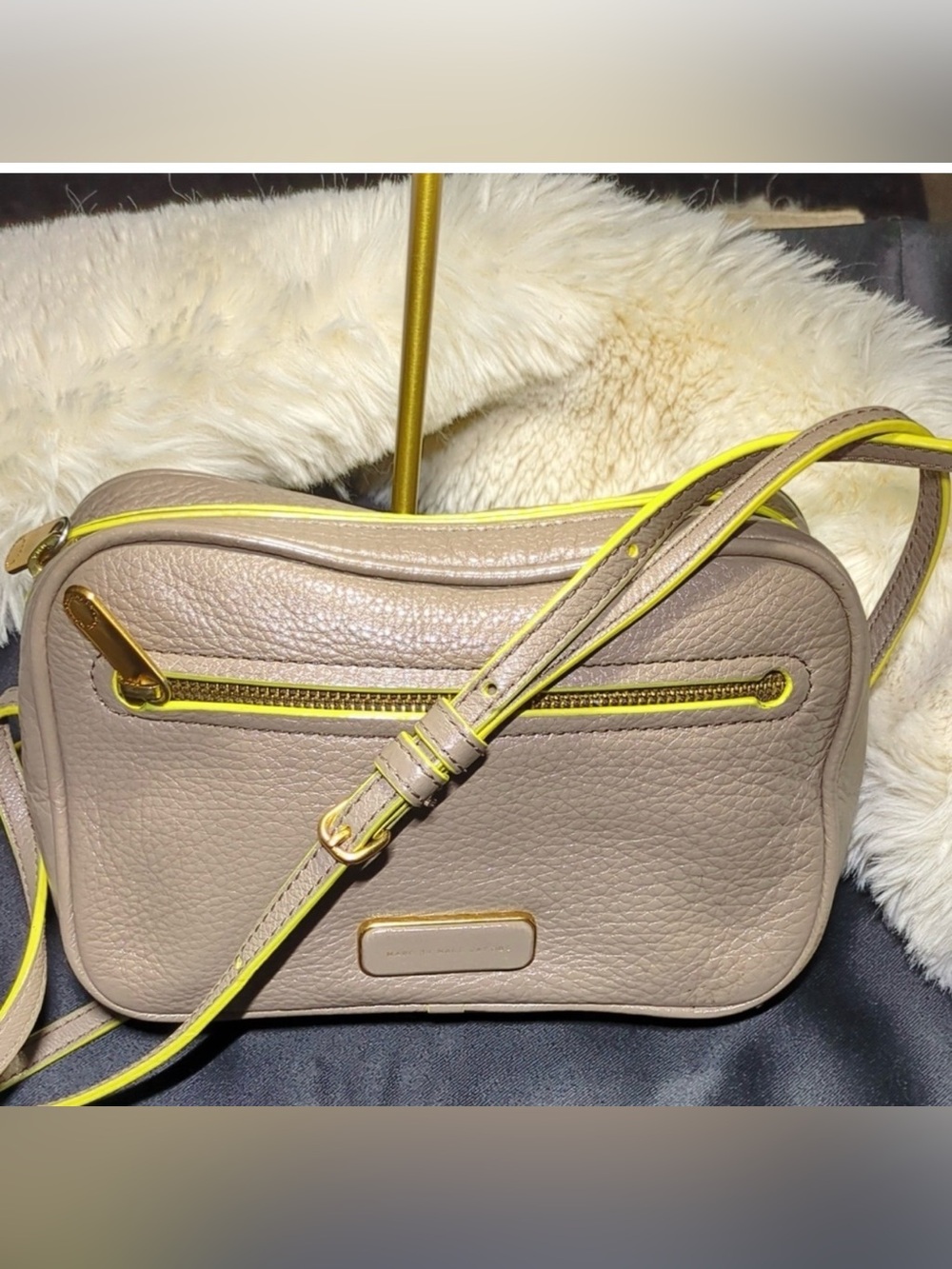 Marc Jacobs Taupe Crossbody Bag with Neon Yellow Trim